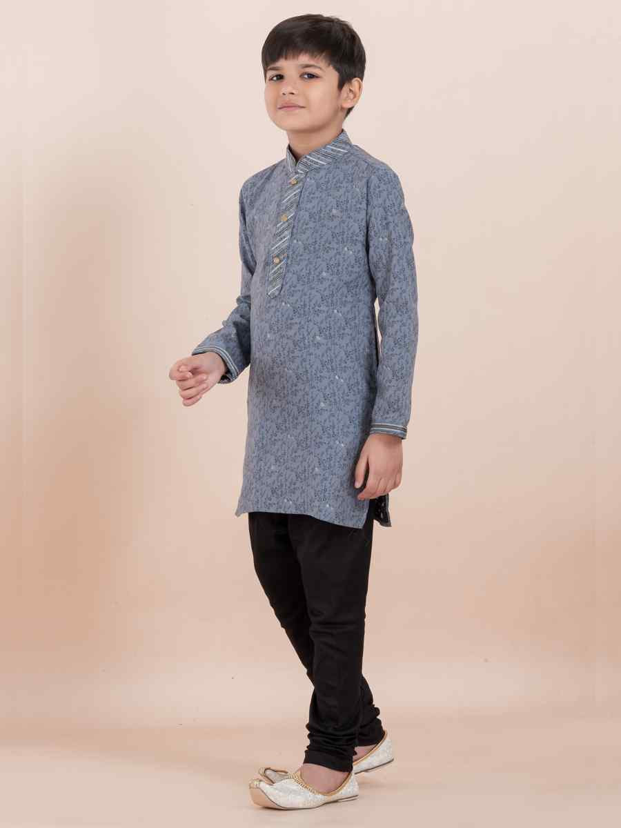 Grey Cotton Self Jacquard Embroidered Festival Traditional Kurta Pyjama Boys Wear
