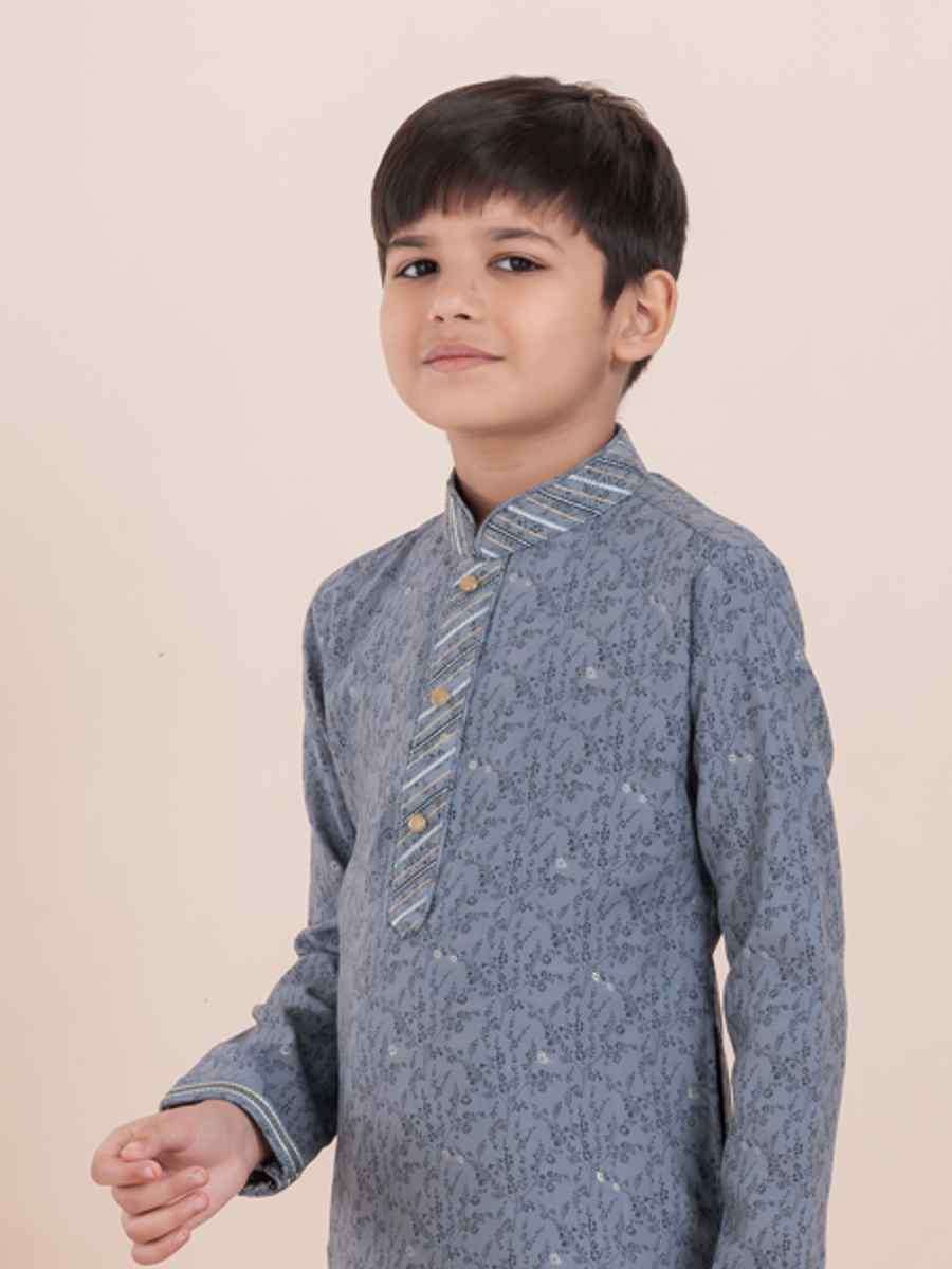 Grey Cotton Self Jacquard Embroidered Festival Traditional Kurta Pyjama Boys Wear