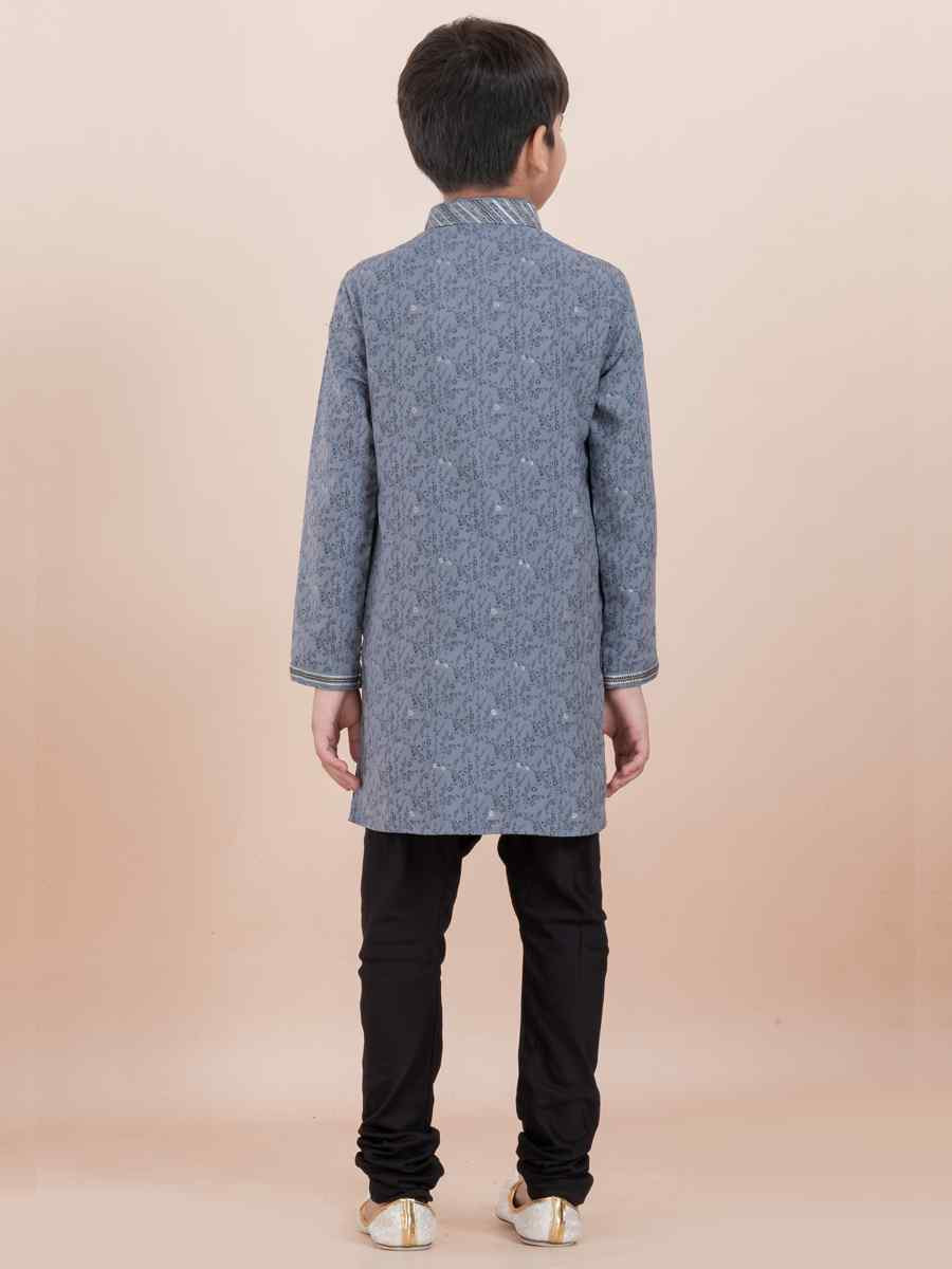 Grey Cotton Self Jacquard Embroidered Festival Traditional Kurta Pyjama Boys Wear