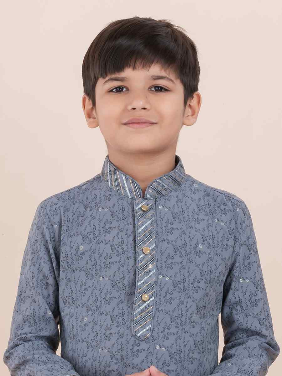Grey Cotton Self Jacquard Embroidered Festival Traditional Kurta Pyjama Boys Wear