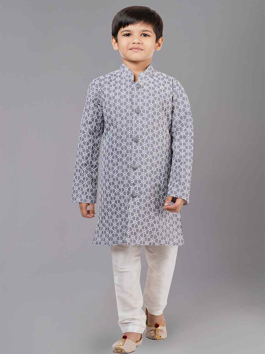 Grey Cotton Silk Embroidered Festival Traditional Kurta Pyjama Boys Wear