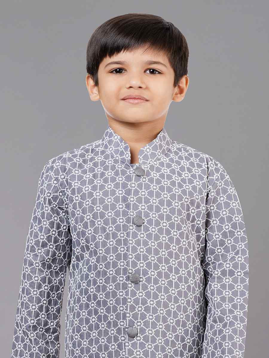 Grey Cotton Silk Embroidered Festival Traditional Kurta Pyjama Boys Wear