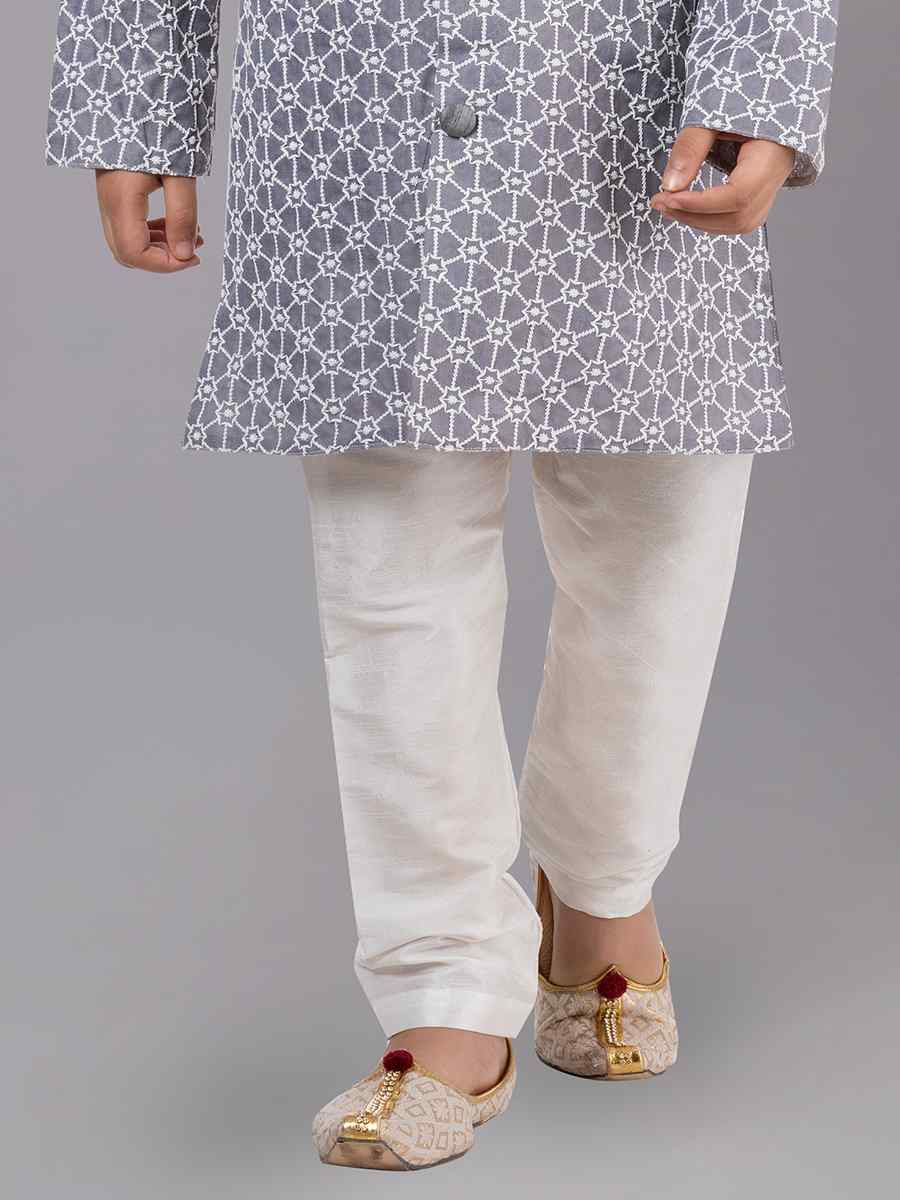 Grey Cotton Silk Embroidered Festival Traditional Kurta Pyjama Boys Wear