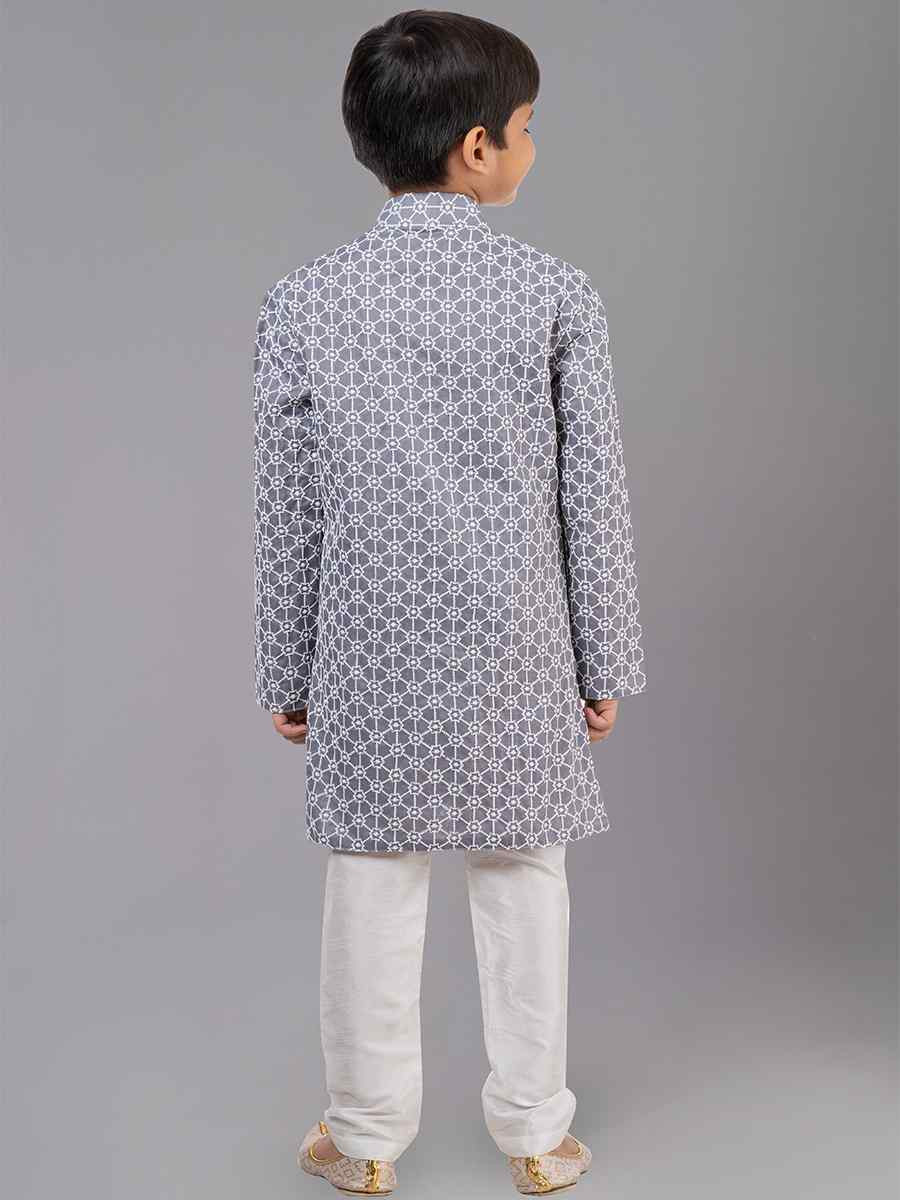Grey Cotton Silk Embroidered Festival Traditional Kurta Pyjama Boys Wear