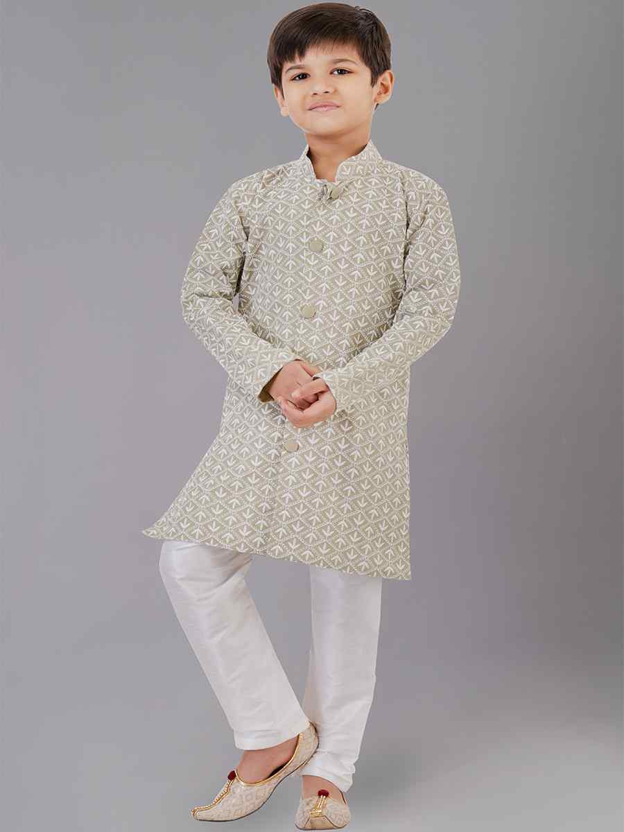 Grey Cotton Silk Embroidered Festival Traditional Kurta Pyjama Boys Wear