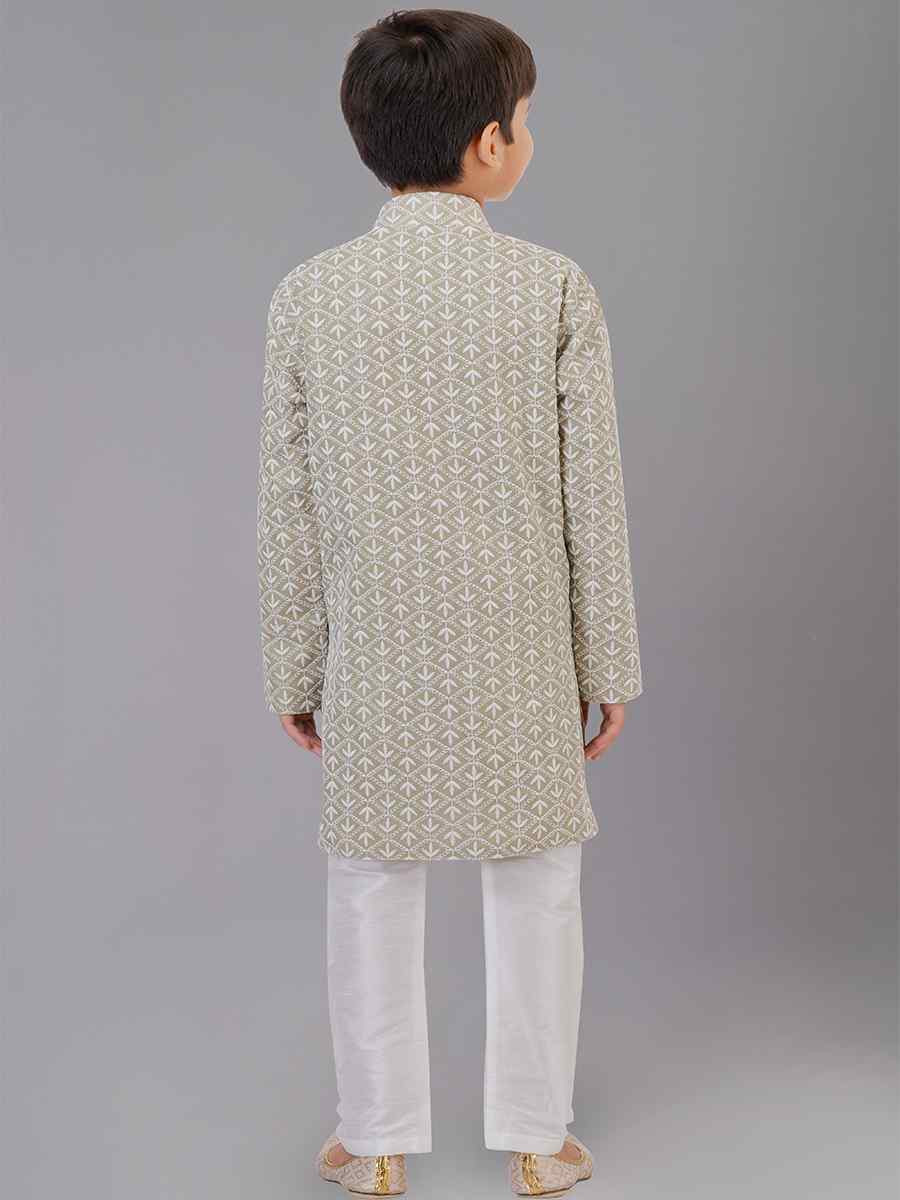 Grey Cotton Silk Embroidered Festival Traditional Kurta Pyjama Boys Wear
