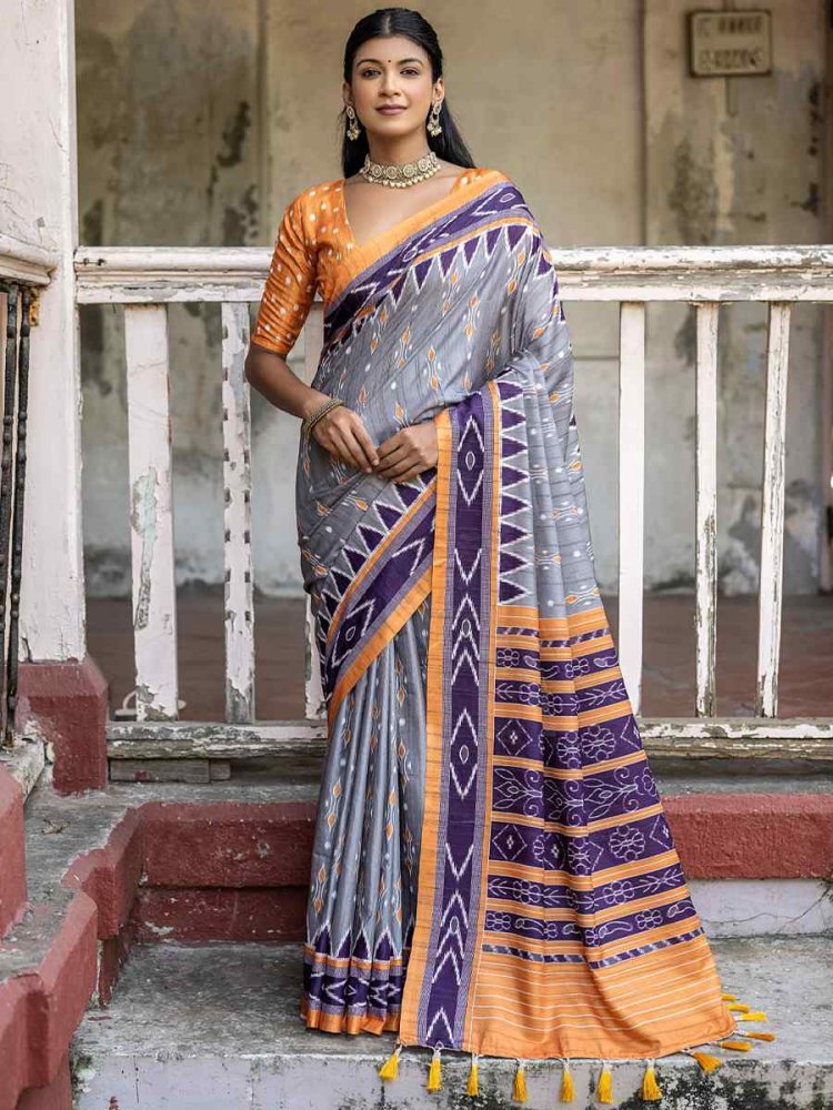 Grey Cotton Silk Handwoven Casual Festival Classic Style Saree