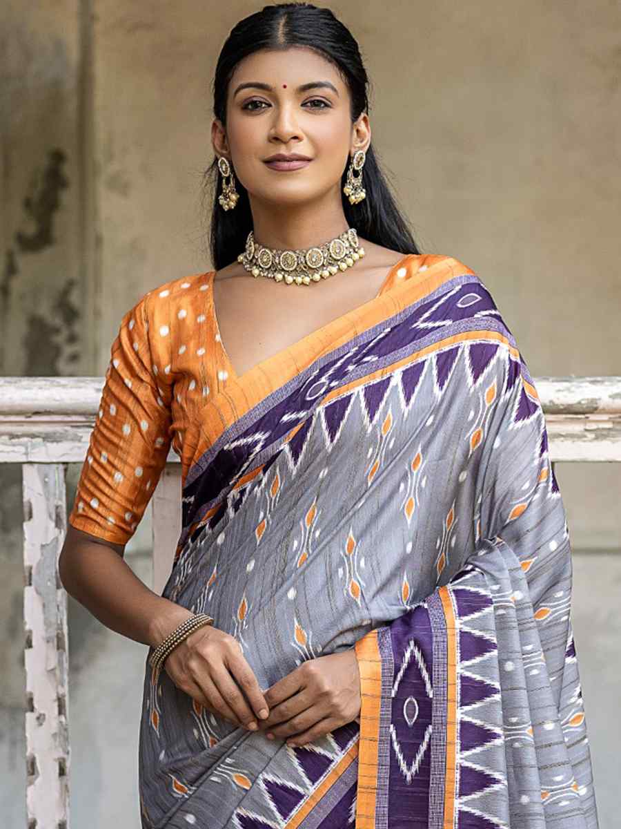 Grey Cotton Silk Handwoven Casual Festival Classic Style Saree