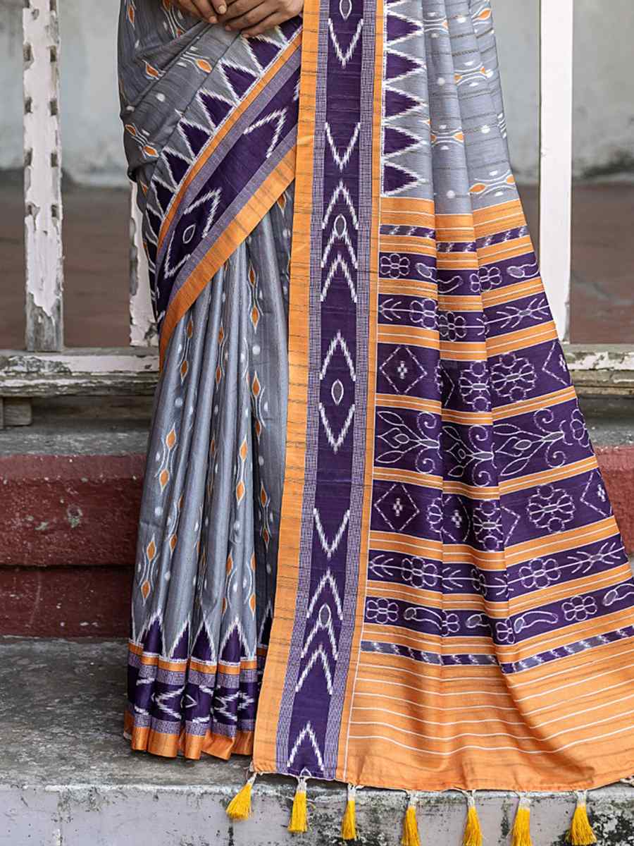 Grey Cotton Silk Handwoven Casual Festival Classic Style Saree
