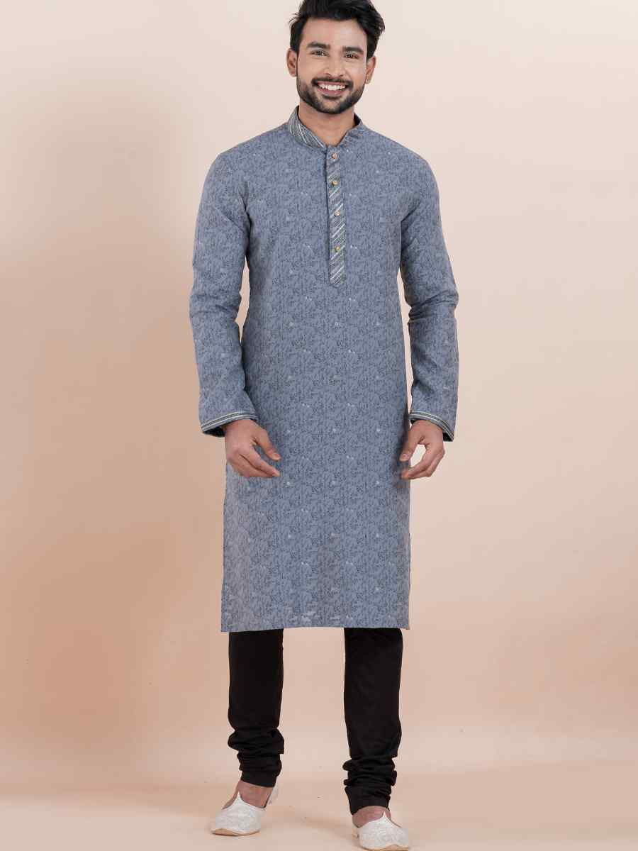 Grey Cotton Silk Jacquard Embroidered Festival Wedding Kurta Pyjama Men039s Wear