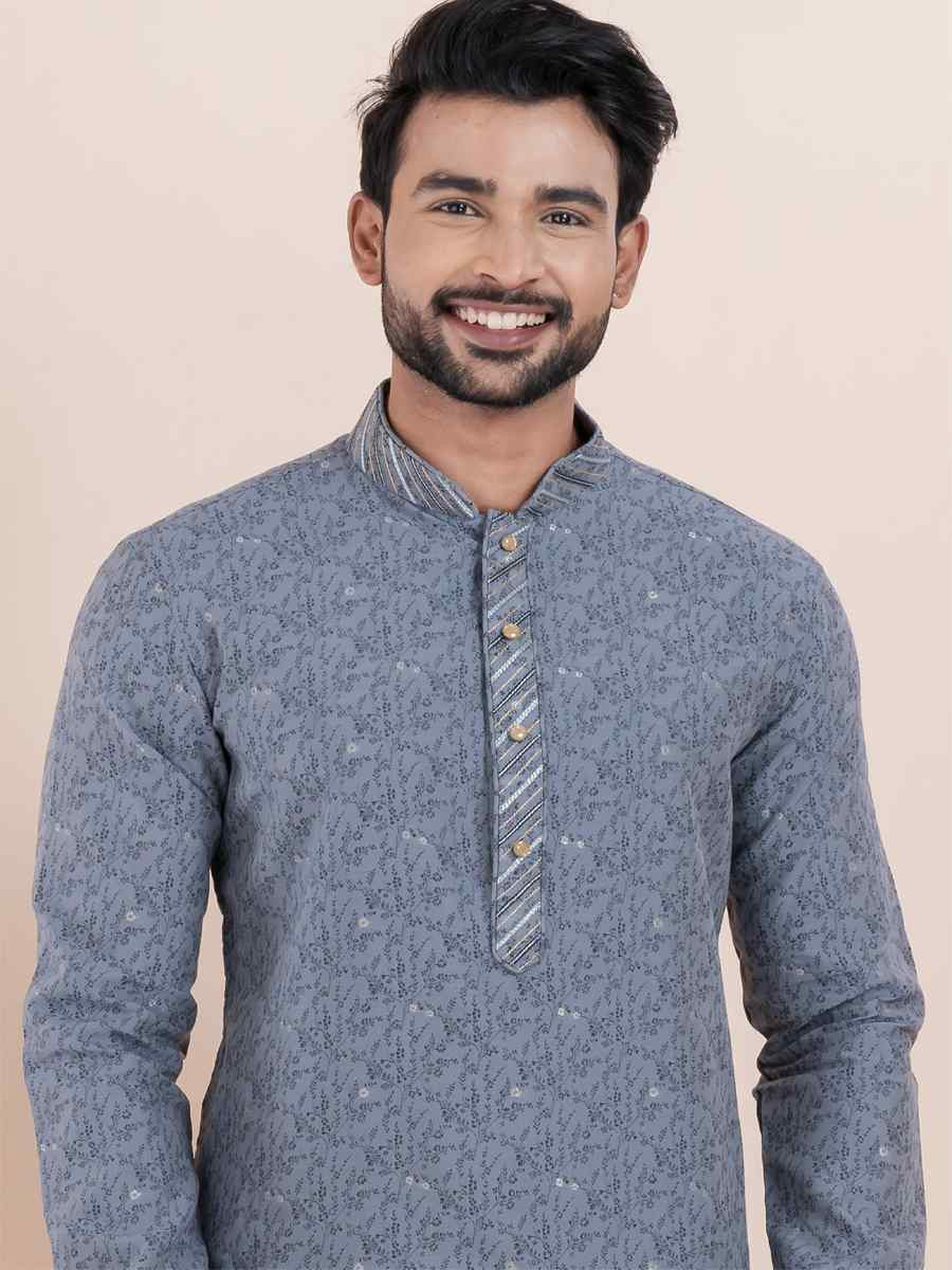 Grey Cotton Silk Jacquard Embroidered Festival Wedding Kurta Pyjama Men039s Wear