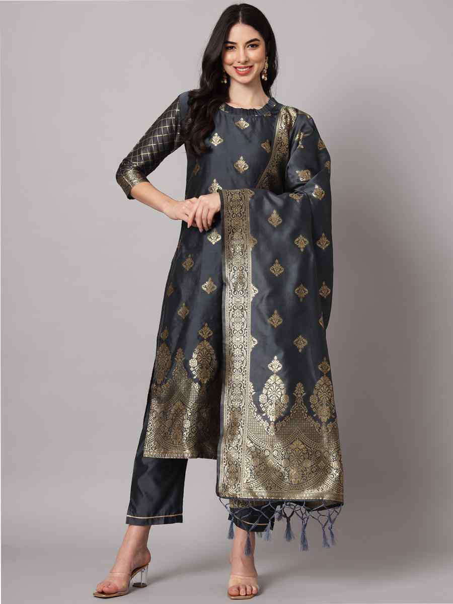 Grey Cotton Silk Jacquard Handwoven Party Wedding Festival Casual Ready Pant Salwar Kameez