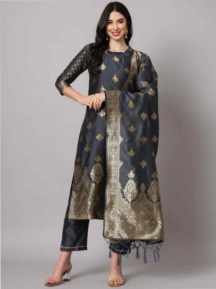 Image of Grey Cotton Silk Jacquard Handwoven Party Wedding Festival Casual Ready Pant Salwar Kameez