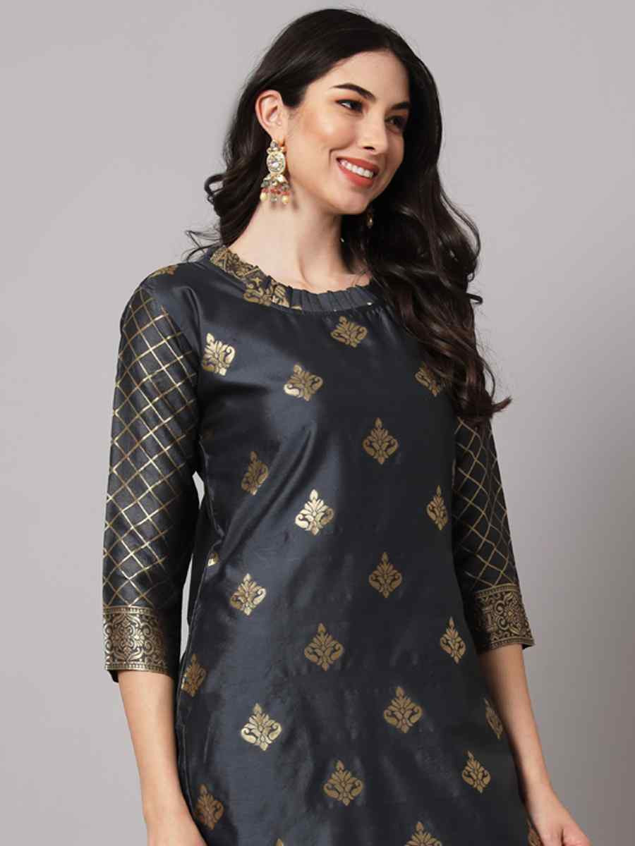 Grey Cotton Silk Jacquard Handwoven Party Wedding Festival Casual Ready Pant Salwar Kameez