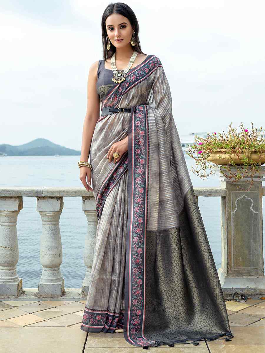 Grey Cotton Silk Printed Casual Festival Contemporary Saree