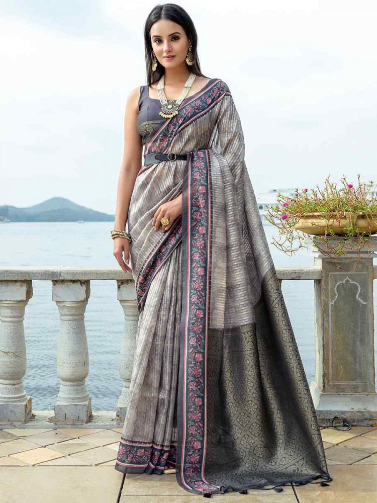 Grey Cotton Silk Printed Casual Festival Contemporary Saree