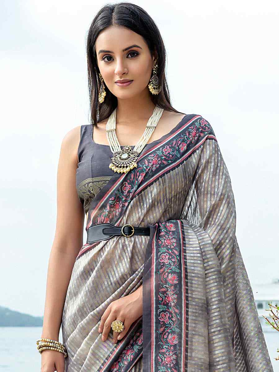 Grey Cotton Silk Printed Casual Festival Contemporary Saree