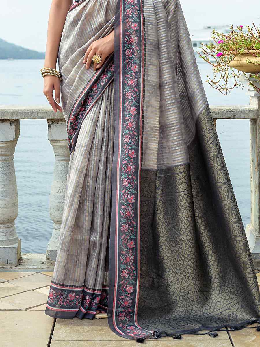 Grey Cotton Silk Printed Casual Festival Contemporary Saree
