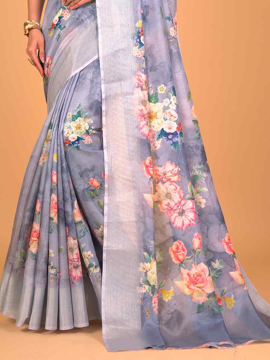 Grey Cotton Silk Printed Party Festival Classic Style Saree