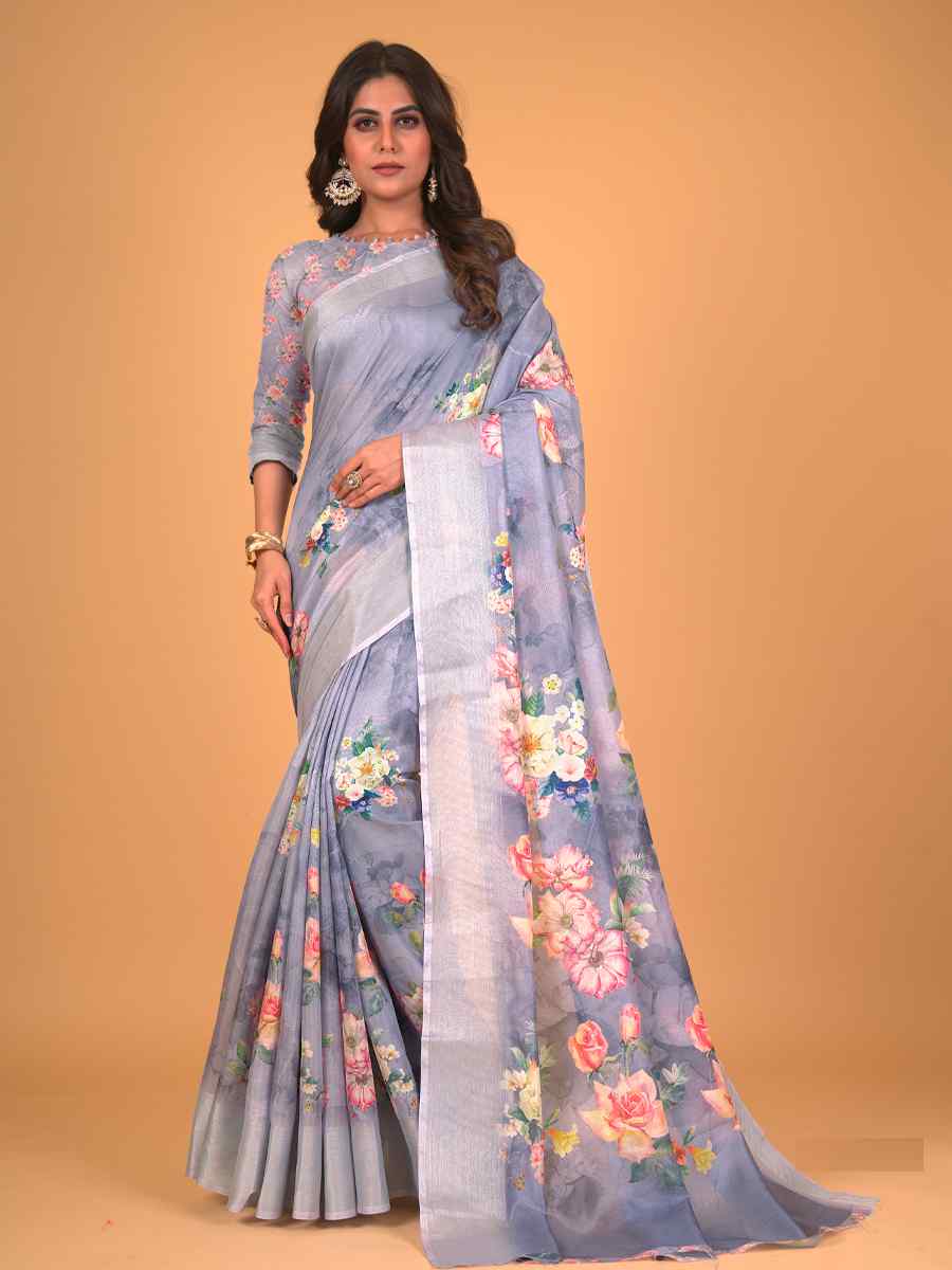 Grey Cotton Silk Printed Party Festival Classic Style Saree