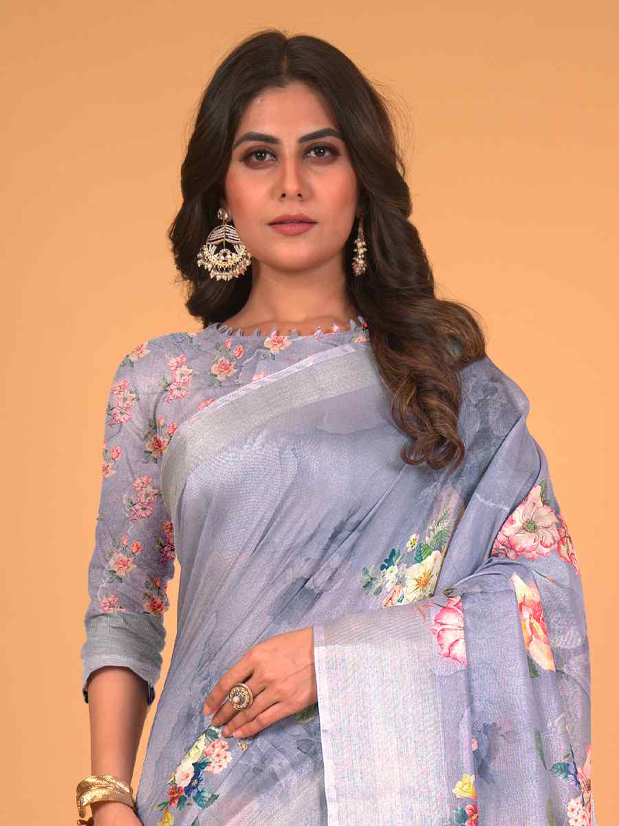 Grey Cotton Silk Printed Party Festival Classic Style Saree
