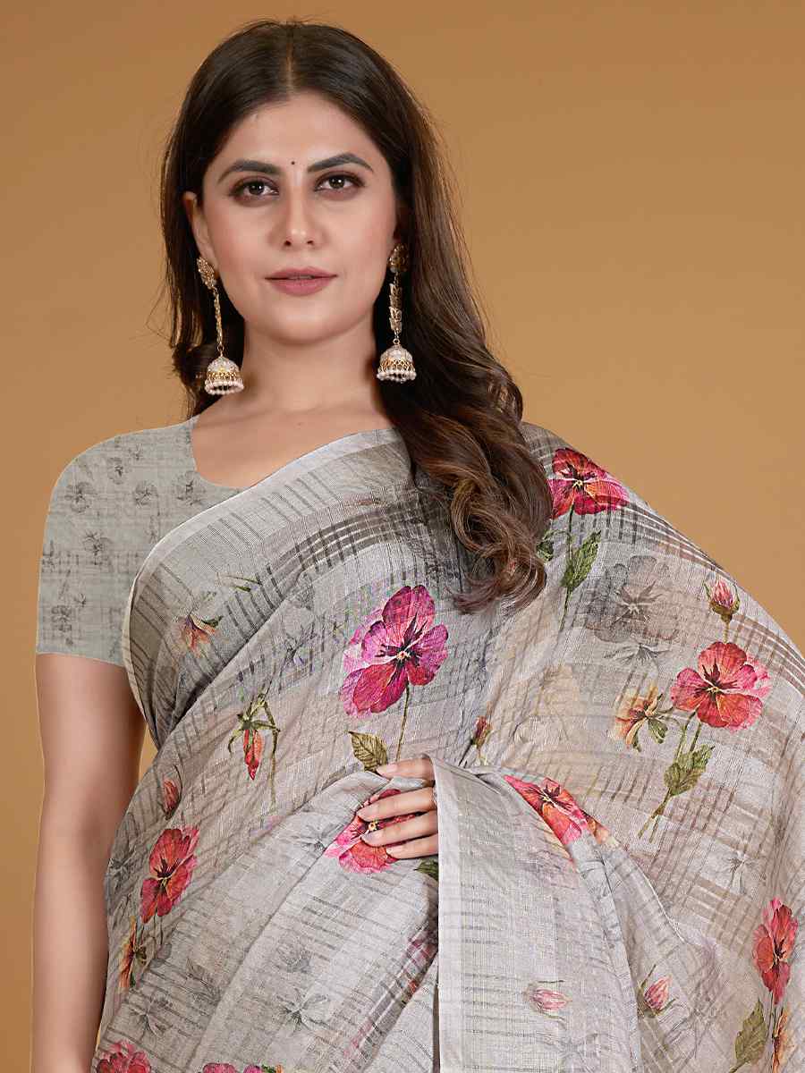 Grey Cotton Silk Printed Party Festival Classic Style Saree