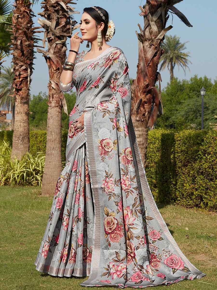 Grey Cotton Silk Printed Party Festival Contemporary Saree