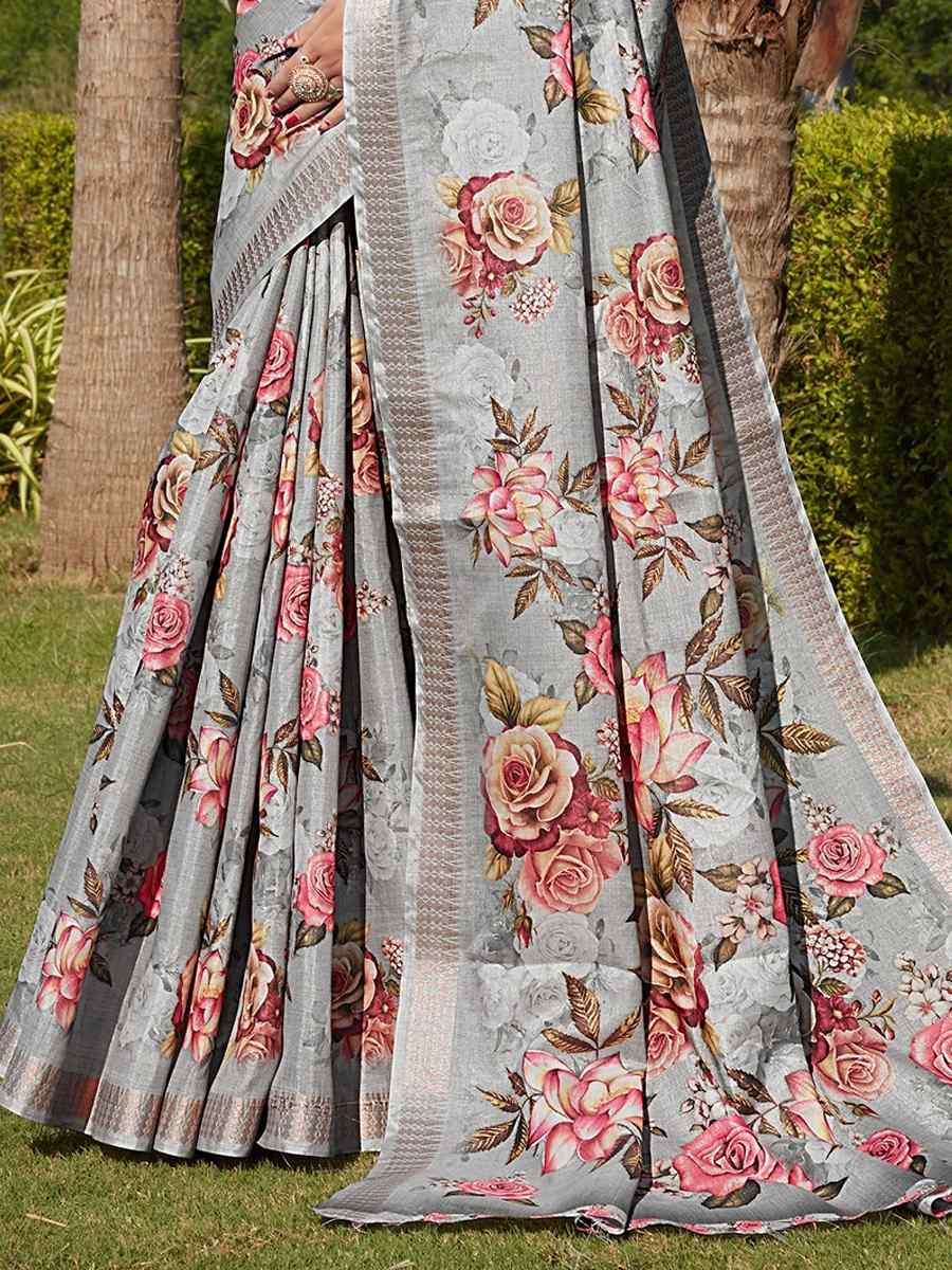 Grey Cotton Silk Printed Party Festival Contemporary Saree