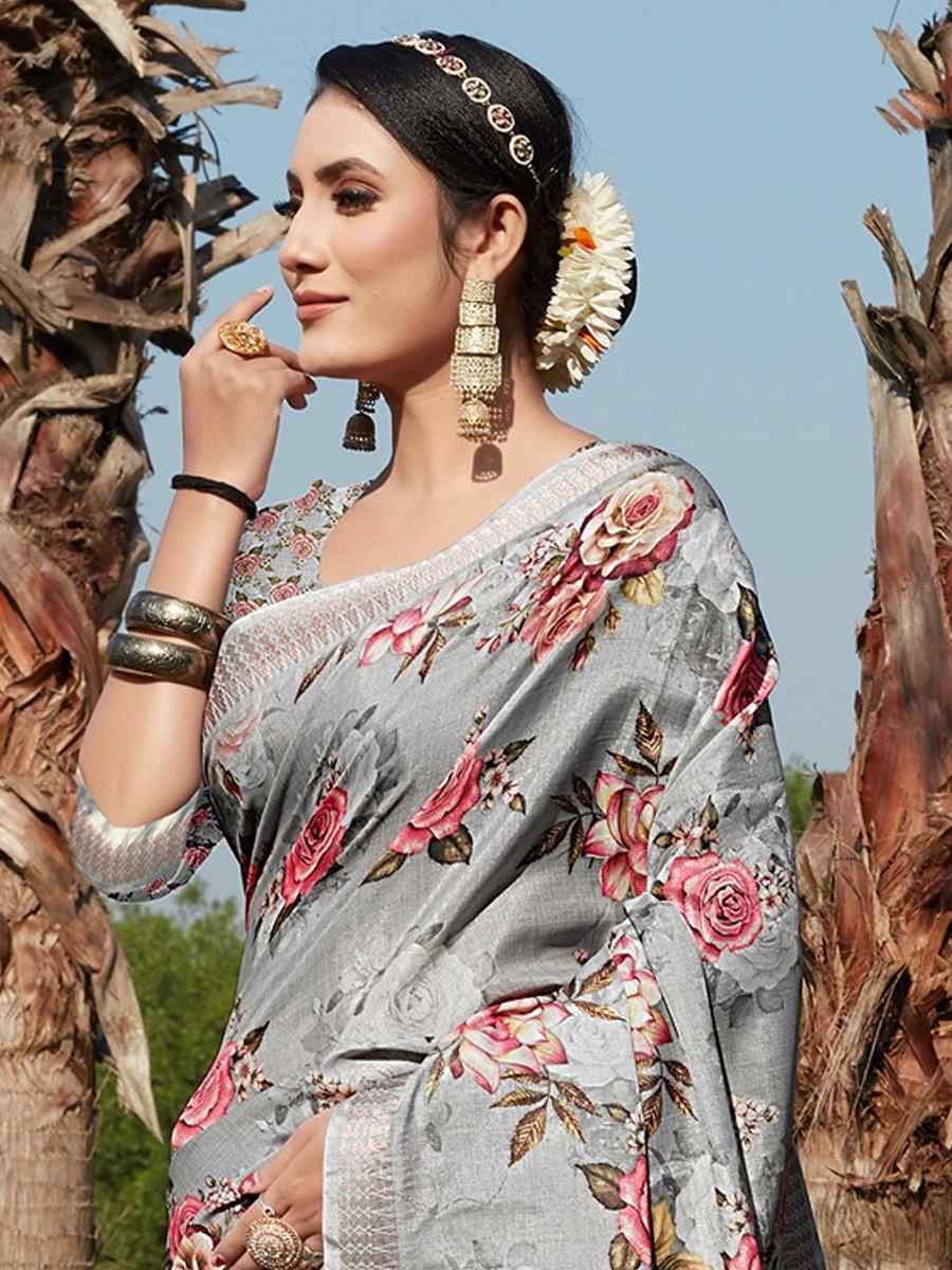 Grey Cotton Silk Printed Party Festival Contemporary Saree