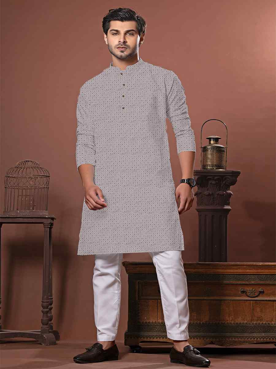 Grey Cotton Weaving Dhaga Embroidered Festival Party Kurta