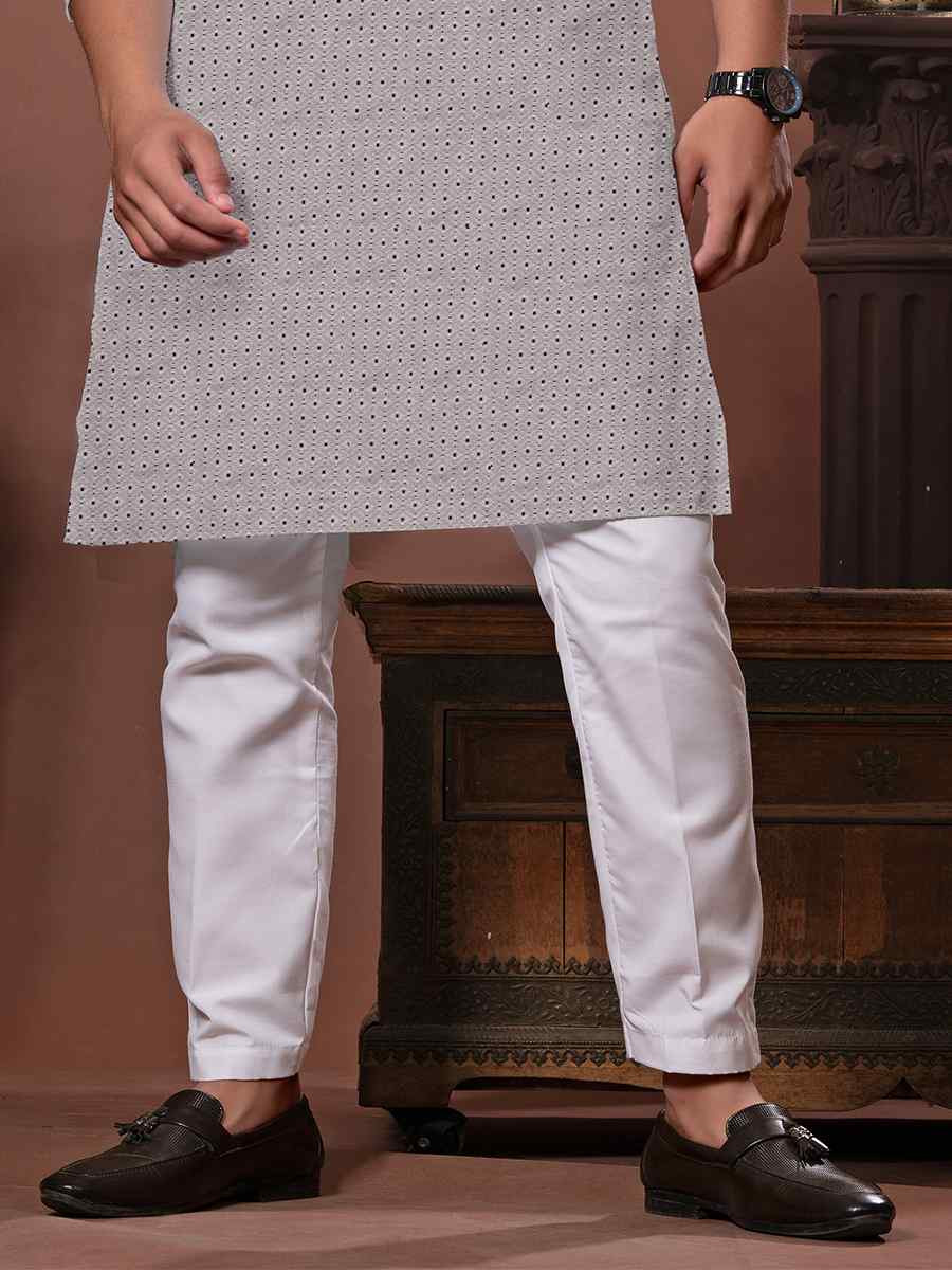 Grey Cotton Weaving Dhaga Embroidered Festival Party Kurta