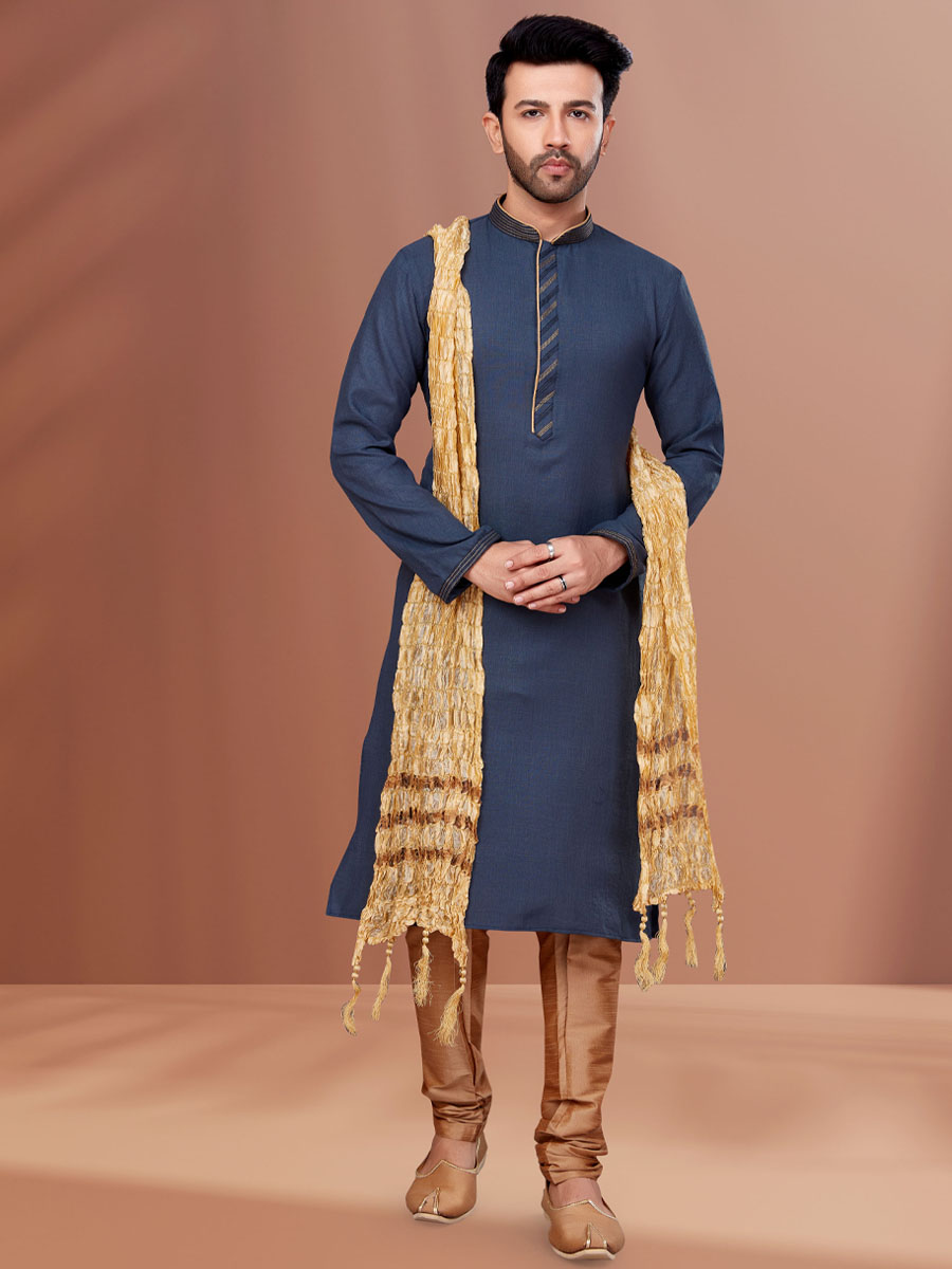 Grey Cotton Woven Festival Kurta