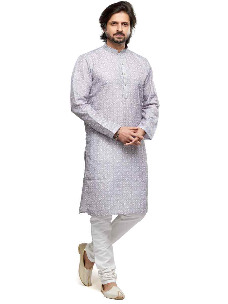Grey Cotton Woven Festival Party Kurta