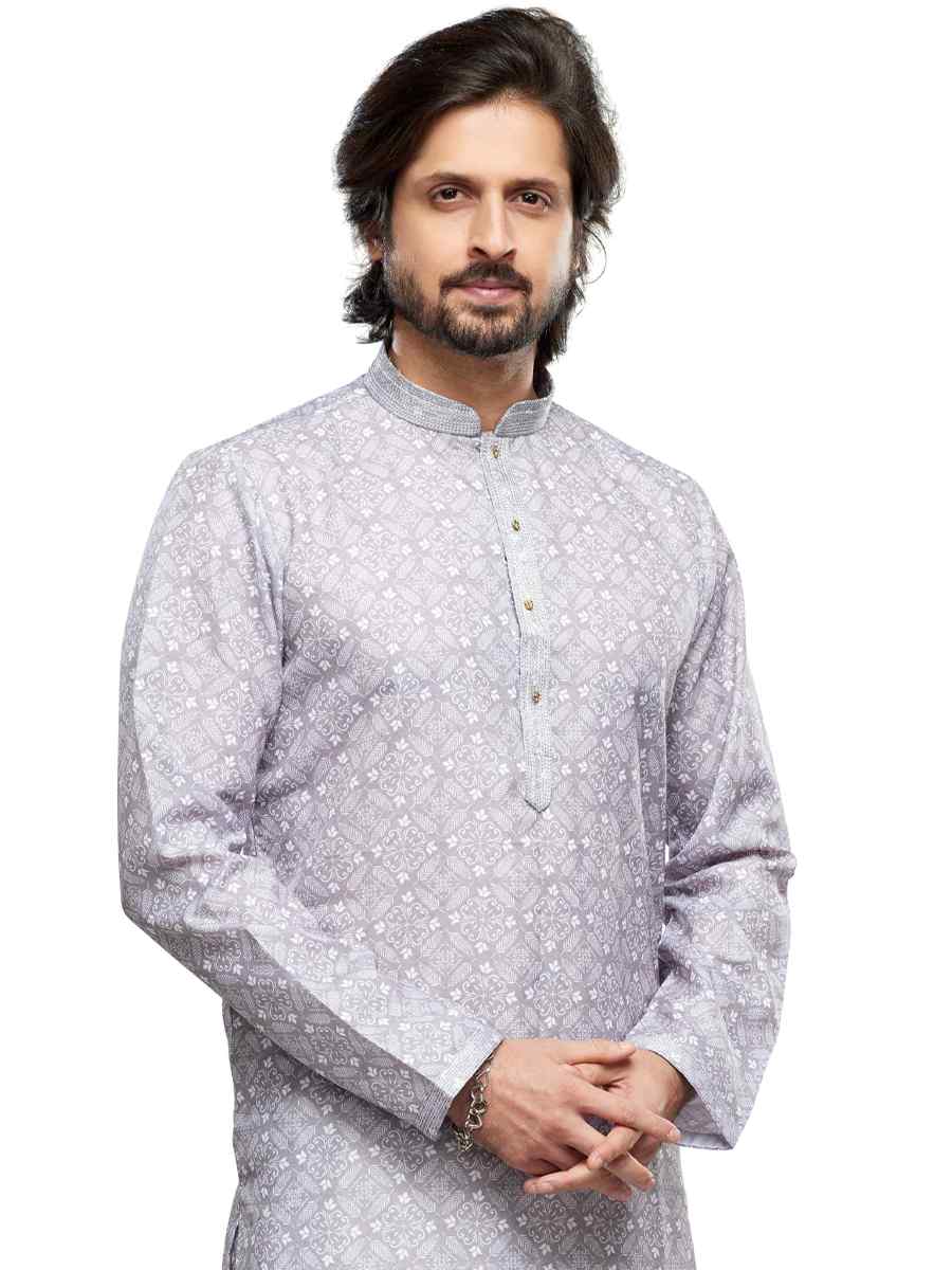 Grey Cotton Woven Festival Party Kurta