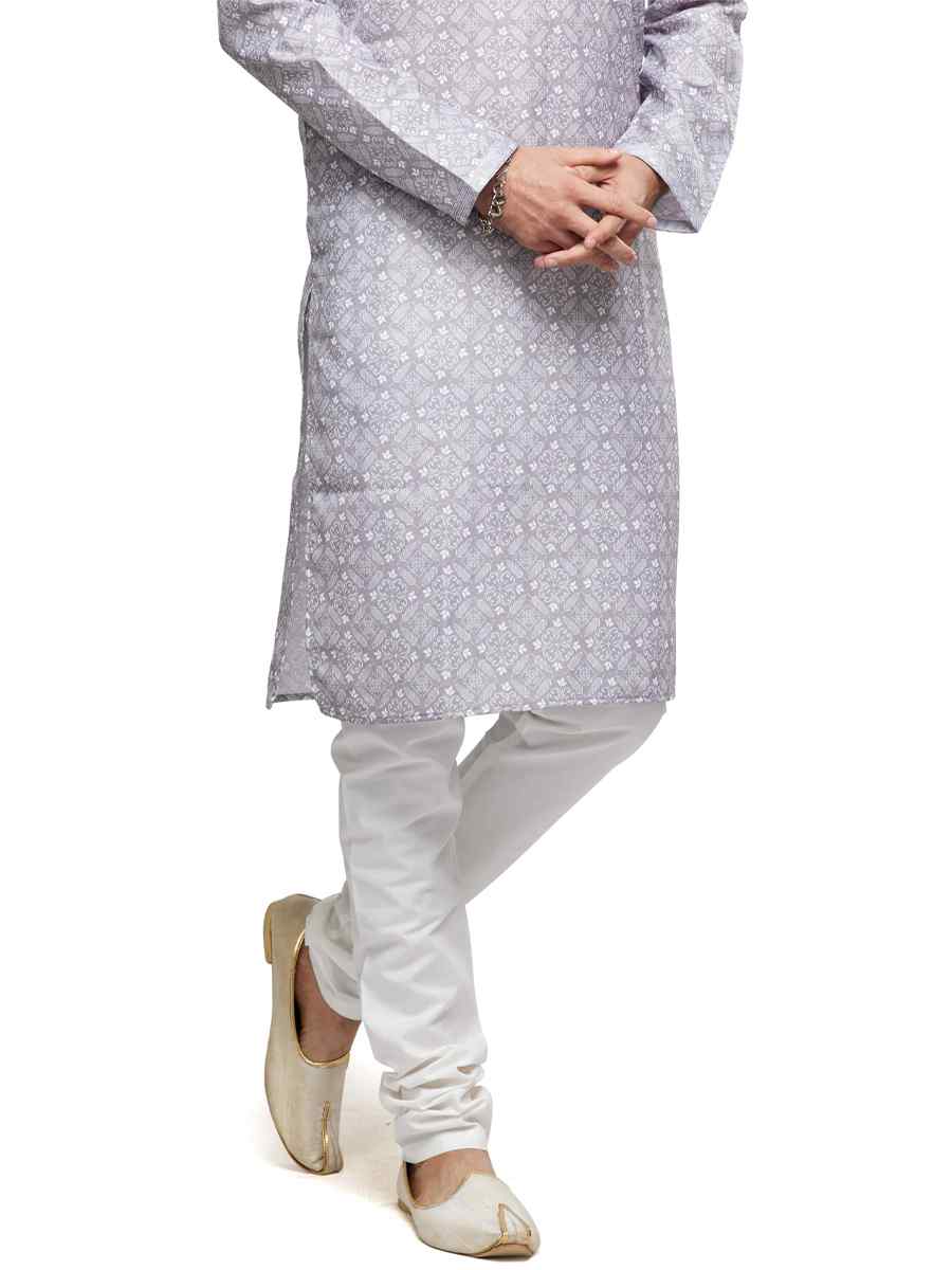 Grey Cotton Woven Festival Party Kurta