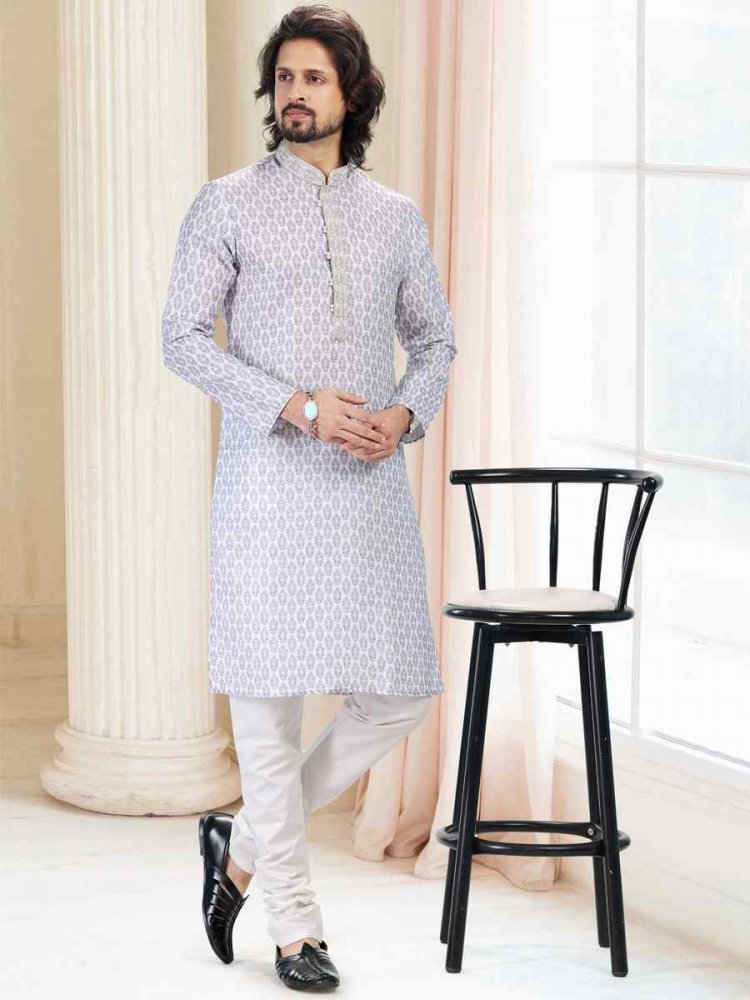 Grey Cotton Woven Festival Party Kurta