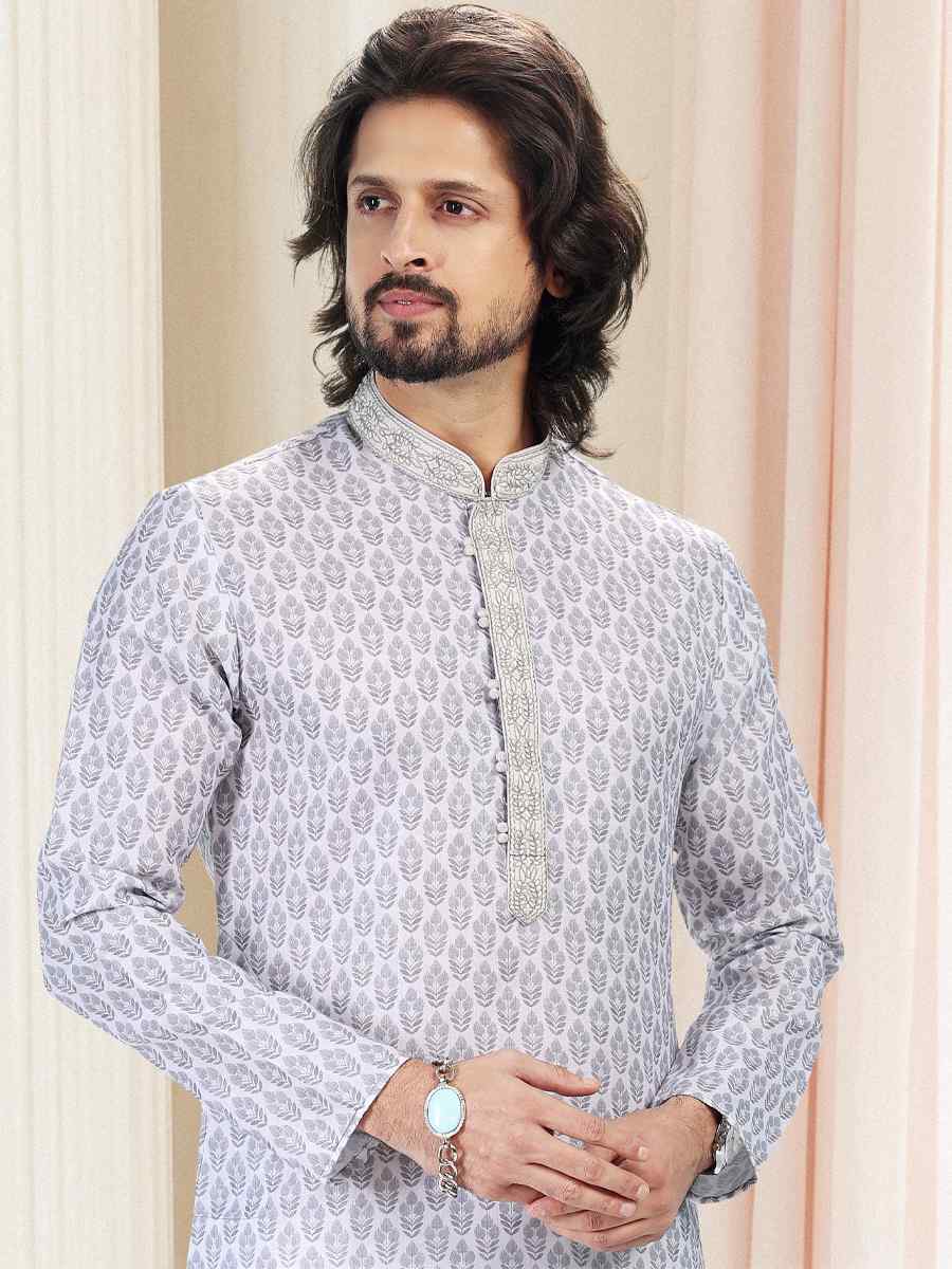 Grey Cotton Woven Festival Party Kurta
