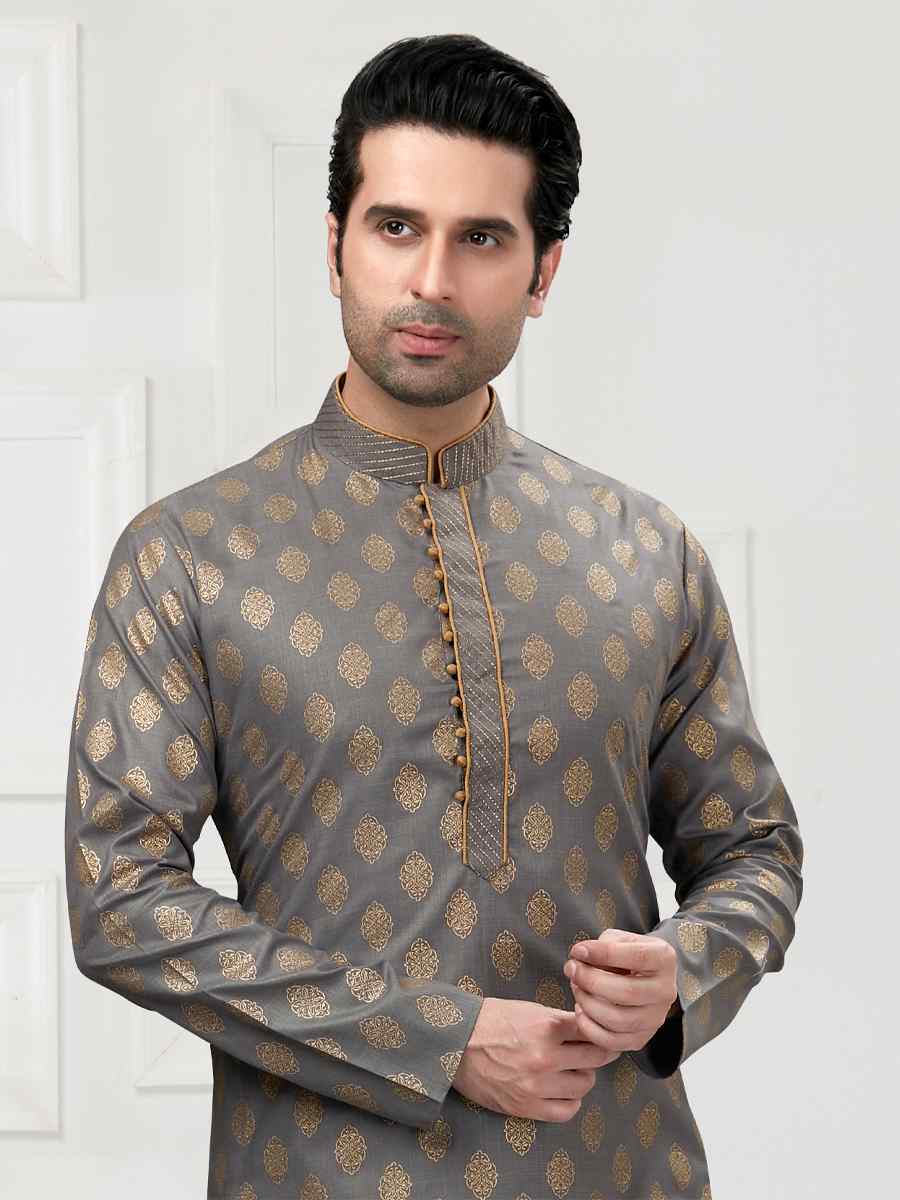 Grey Cotton Woven Festival Wedding Kurta