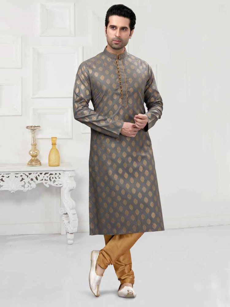 Grey Cotton Woven Festival Wedding Kurta