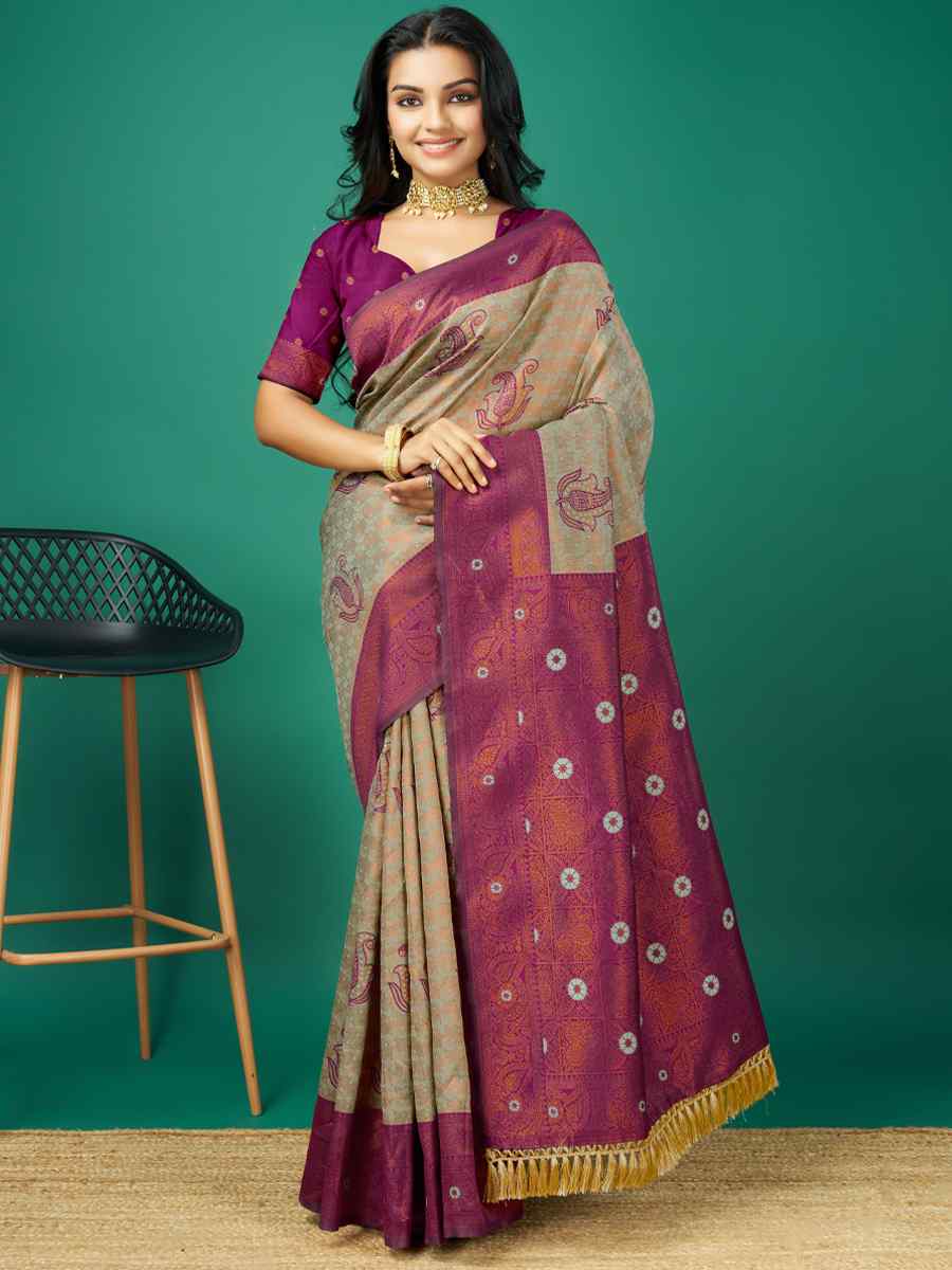 Grey Cream Soft Silk Handwoven Festival Casual Heavy Border Saree