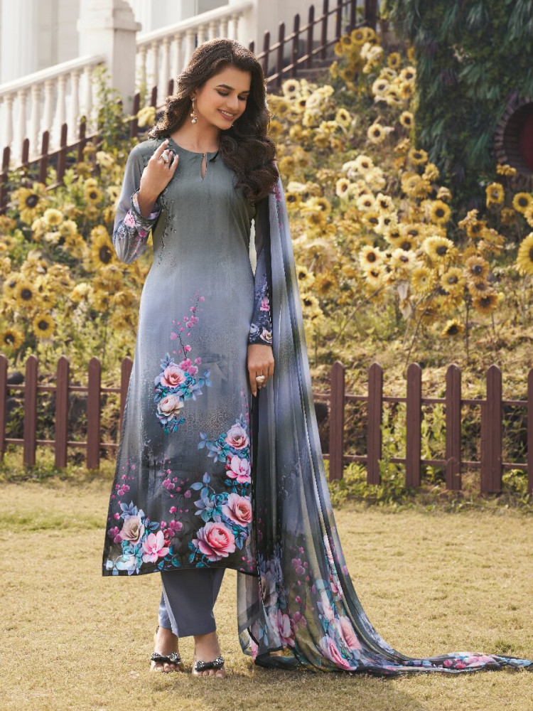 Image of Grey Crepe Printed Party Casual Palazzo Pant Salwar Kameez