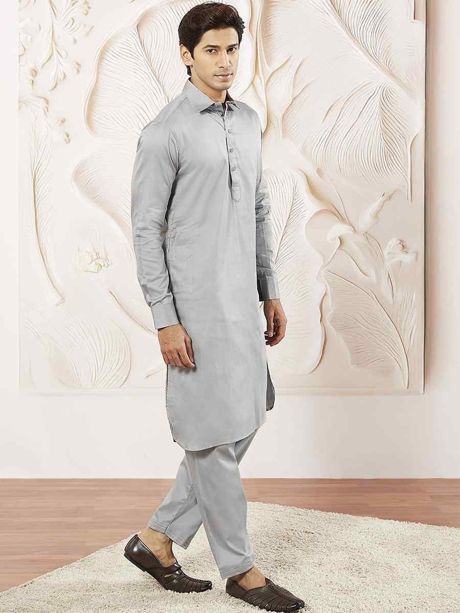 Grey Dhupion Art Silk Plain Party Wedding Kurta