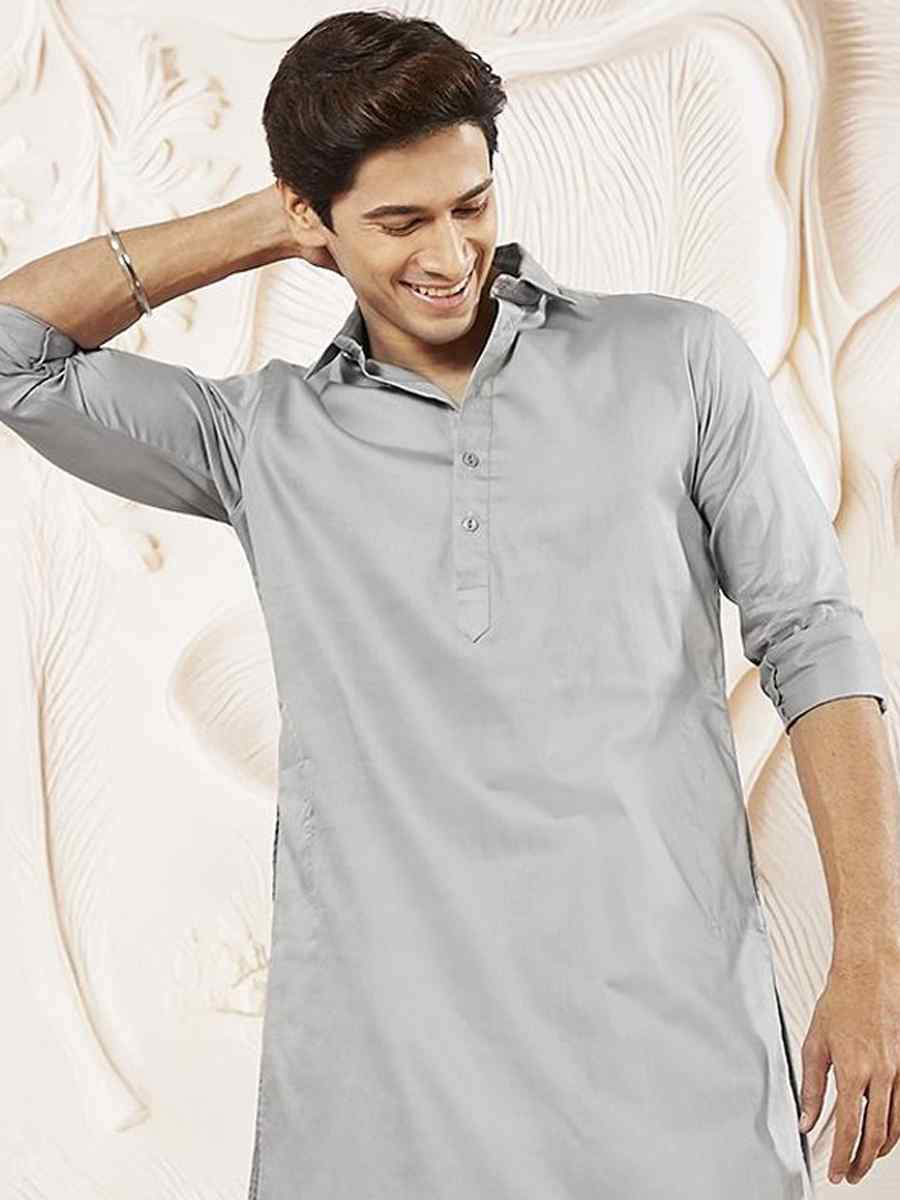 Grey Dhupion Art Silk Plain Party Wedding Kurta