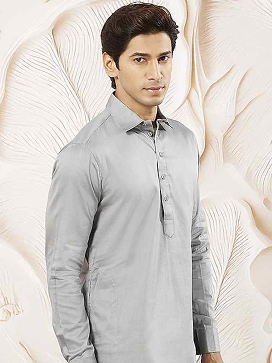 Grey Dhupion Art Silk Plain Party Wedding Kurta