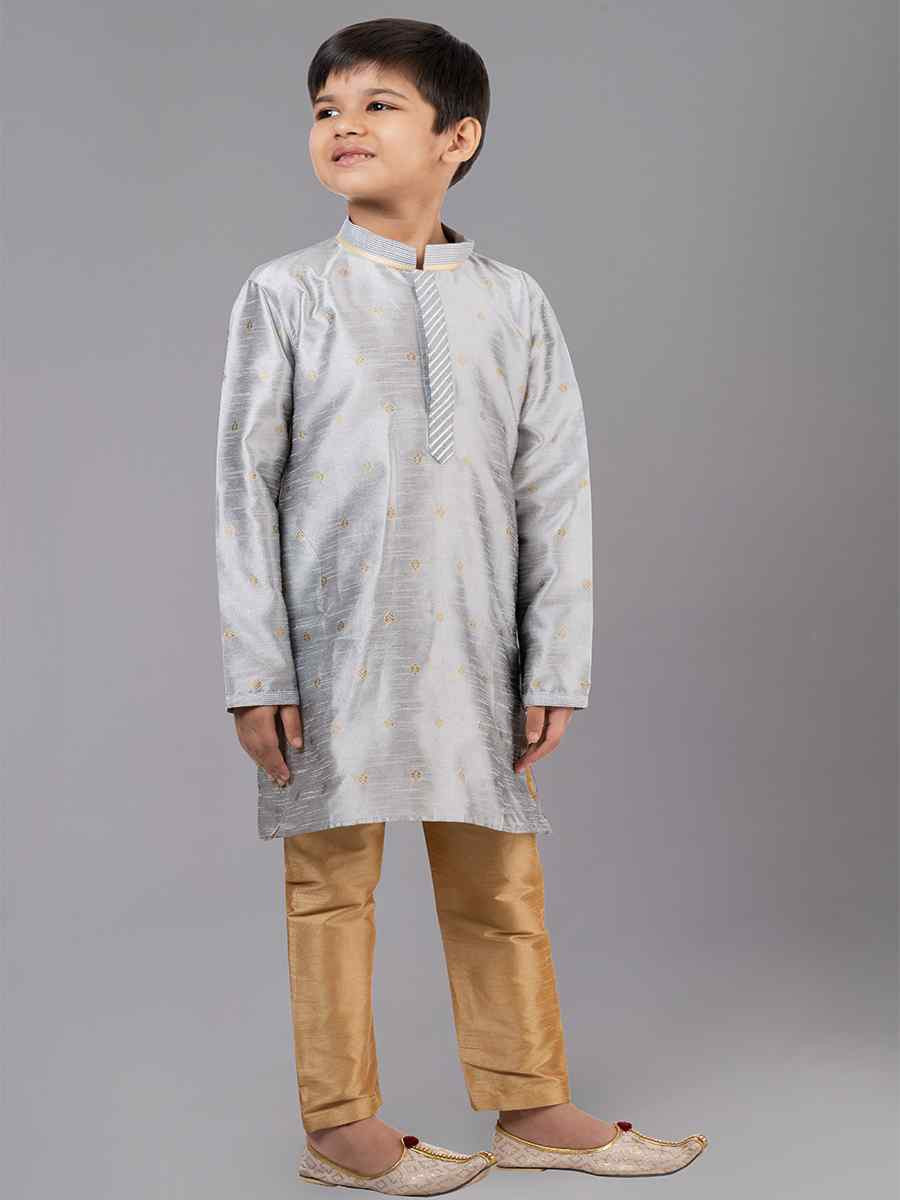 Grey Dhupion Silk With Jacquard Embroidered Festival Traditional Kurta Pyjama Boys Wear
