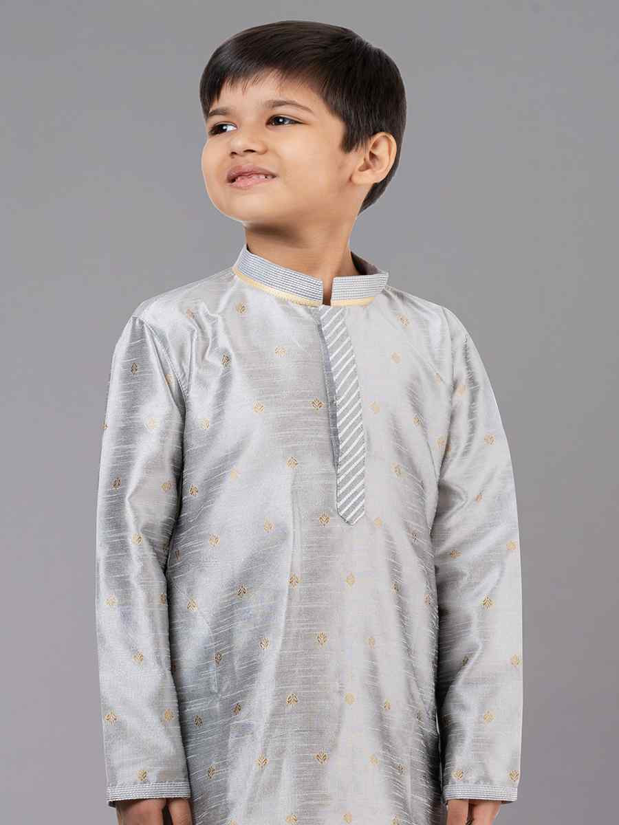 Grey Dhupion Silk With Jacquard Embroidered Festival Traditional Kurta Pyjama Boys Wear