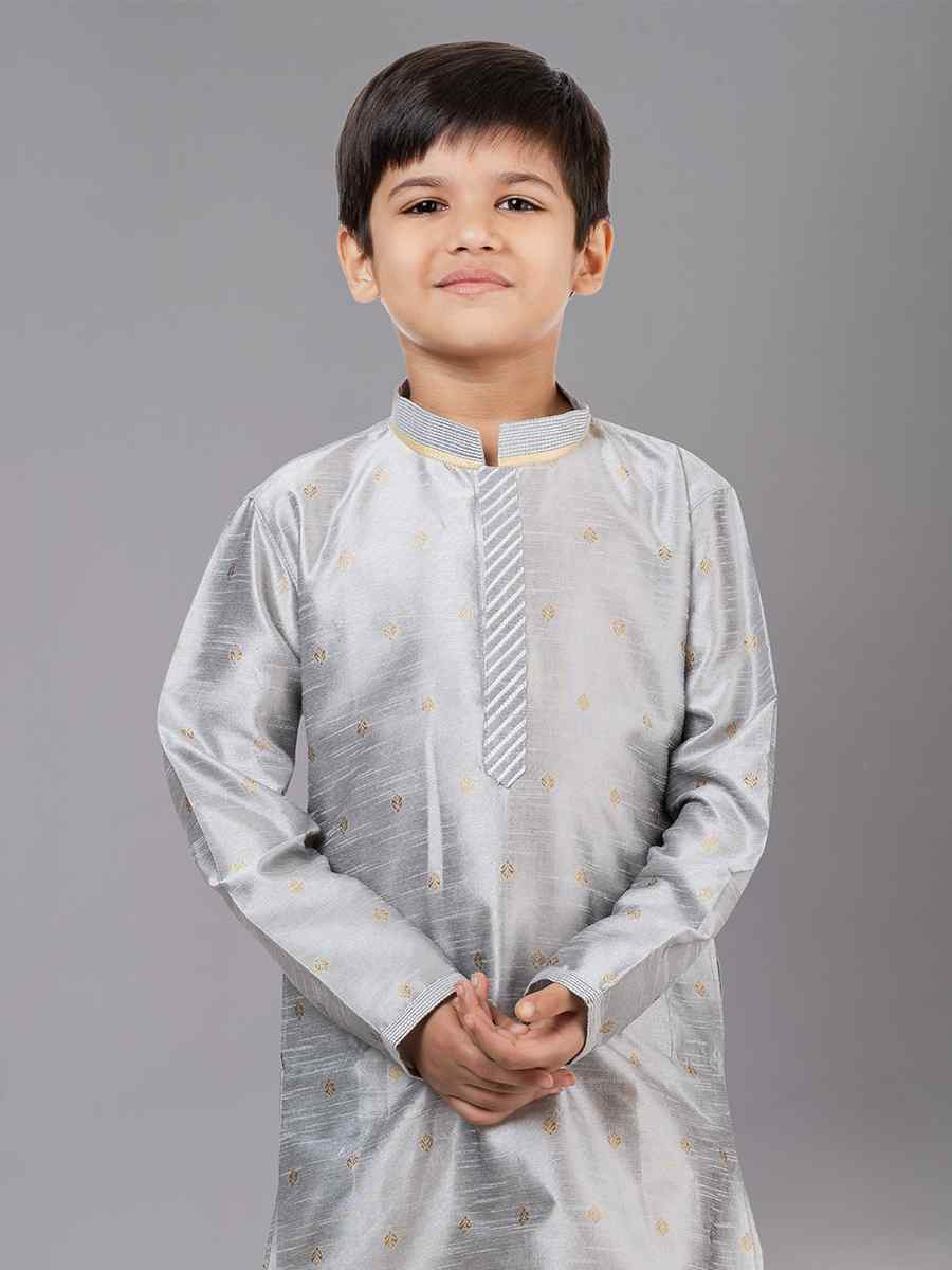 Grey Dhupion Silk With Jacquard Embroidered Festival Traditional Kurta Pyjama Boys Wear