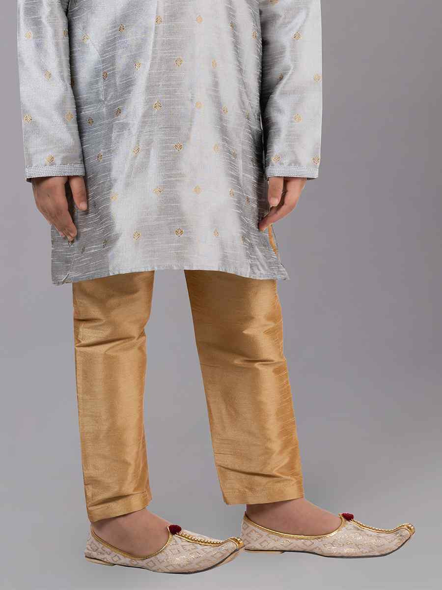 Grey Dhupion Silk With Jacquard Embroidered Festival Traditional Kurta Pyjama Boys Wear
