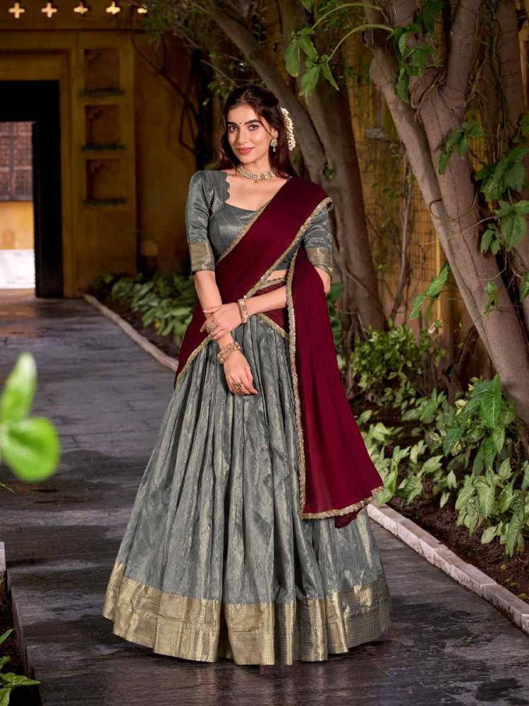 Image of Grey Dhupion Silk Zari Handwoven Wedding Reception Festival Heavy Border Lehenga Choli