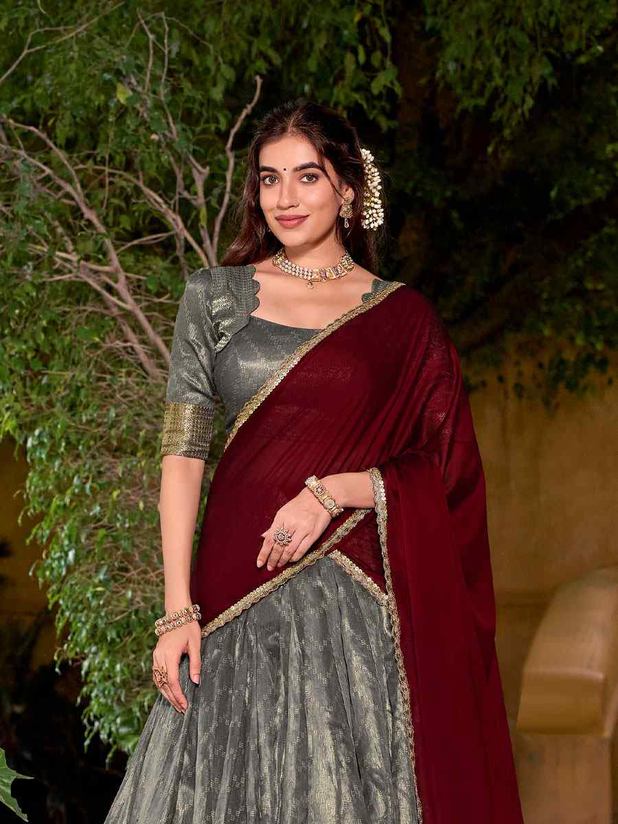 Grey Dhupion Silk Zari Handwoven Wedding Reception Festival Heavy Border Lehenga Choli